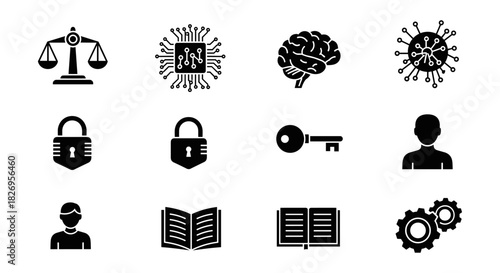 Legal and technology icons set: cybersecurity, ai, education, and innovation symbols