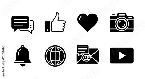 Set of minimalist communication and social media icons in black and white