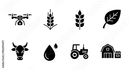 Farm elements icons: drone, wheat, tractor, barn, cow, leaf, water drop