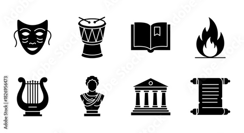 Ancient culture icons set: theater, music, literature, and history symbols in silhouette style