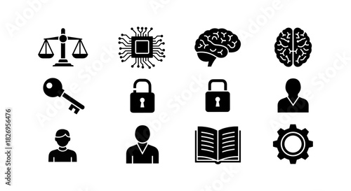 Modern icons set: technology, security, and education in minimalist style