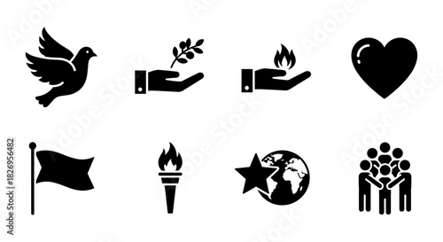 Peace and unity symbols: dove, hands, heart, and more in bold silhouette style