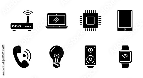 Modern gadget icons: laptop, router, smartwatch, tablet, and more in silhouette style