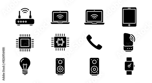 Modern black silhouette icons of tech gadgets and wireless devices for digital interfaces