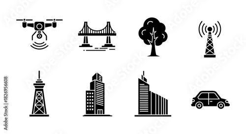 Urban and technology silhouette icons set featuring buildings, bridges, and transportation