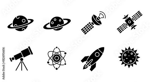 Space exploration icons: planet, satellite, rocket, telescope, and atom in bold silhouette style