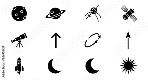 Space exploration icons: celestial bodies, telescopes, rockets, and more