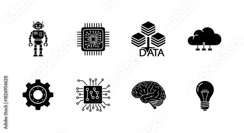 Futuristic technology icons: ai, data, cloud, and innovation symbols