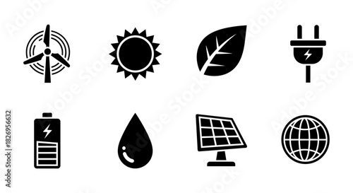 Eco energy icons: wind, solar, leaf, electric plug, battery, water drop, solar panel, globe