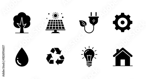 Set of silhouette icons representing renewable energy and sustainability concepts
