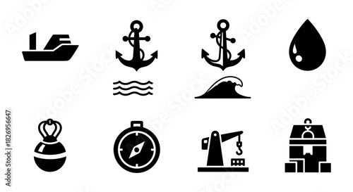 Nautical icons collection featuring anchors, waves, ships, and marine elements in bold silhouette
