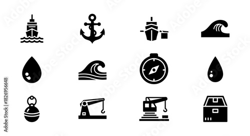 Nautical icon set with anchors, waves, ships, and compass elements in black silhouette