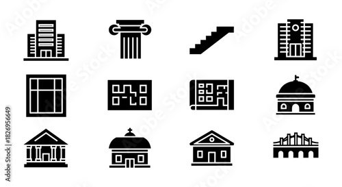Architectural elements icons set: buildings, columns, plans, and bridges in bold silhouette style
