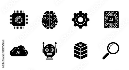 Black silhouette icons of ai technology components and concepts