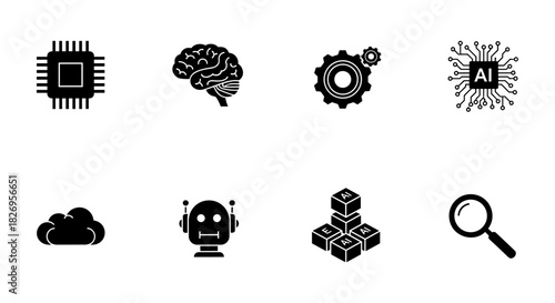 Minimalist tech icons: ai, brain, chip, gear, cloud, robot, blocks, magnifying glass