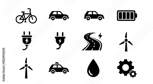 Sustainable transportation icons set featuring electric vehicles, wind turbines, and renewable energy symbols