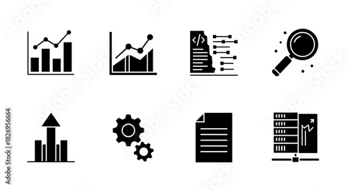 Business and data analysis icons set with graphs and charts in silhouette style