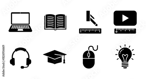 Essential silhouette icons for education and technology