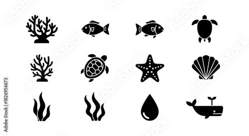 Marine life silhouette icons: fish, starfish, turtle, whale, coral, seaweed, shell