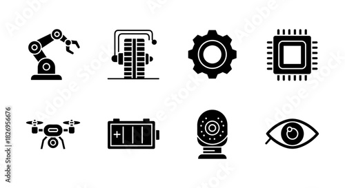 Industrial technology icons set featuring robotics, cybersecurity, and artificial intelligence