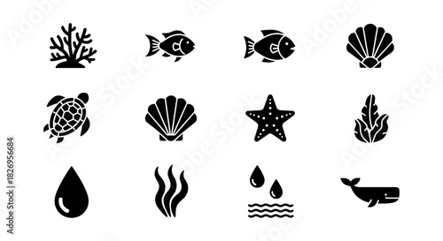 Set of black silhouette icons featuring marine life and sea creatures