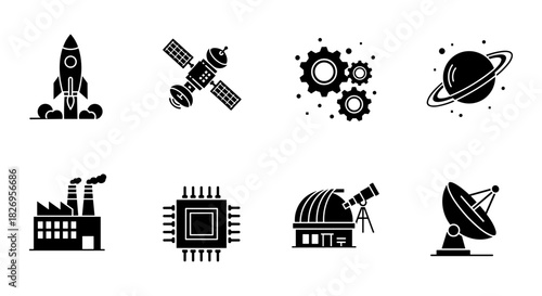 Silhouette space technology icons featuring rocket, satellite, and telescope elements