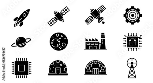 Space and technology icons collection: rocket, satellite, planet, and more
