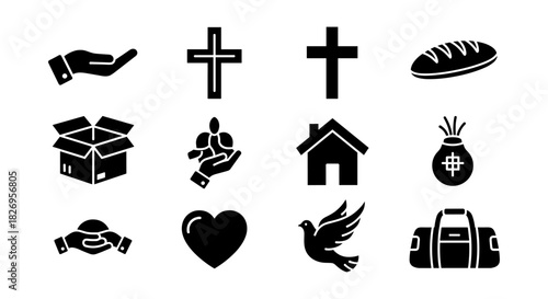 Religious and charity icon set with hands, crosses, and donation symbols
