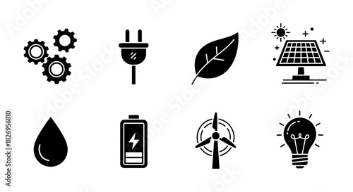 Sustainable energy icons featuring eco-friendly technology and renewable solutions