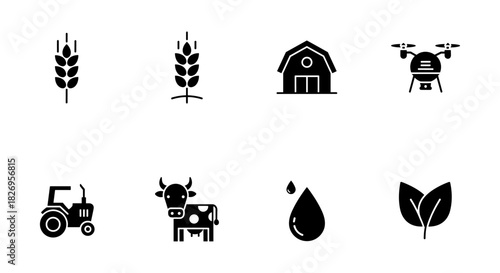 Agriculture icons set featuring drone, tractor, cow, barn, and crops in silhouette style