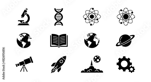 Science and technology icons: microscope, dna, atom, globe, book, rocket, telescope, saturn