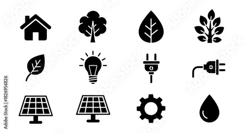 Eco icons set including solar panel, leaf, and renewable energy symbols
