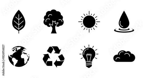 Minimalist eco icons set: nature, sustainability, and energy symbols