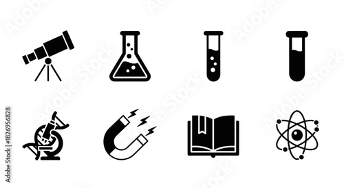 Science education icons featuring telescope, microscope, and dna symbol in flat design