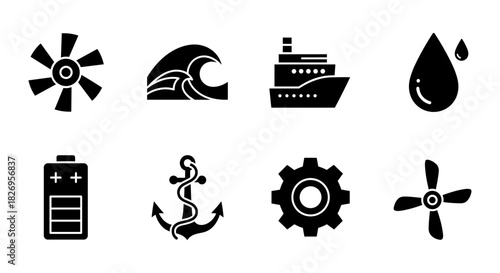 Nautical and energy icons set in black silhouette style