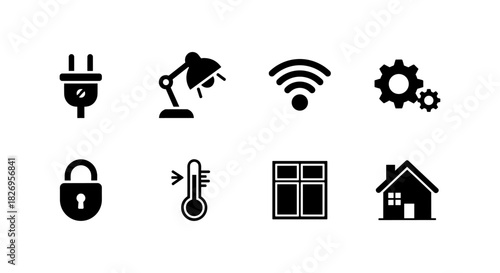 Smart home black icons: technology, security, and connectivity symbols collection
