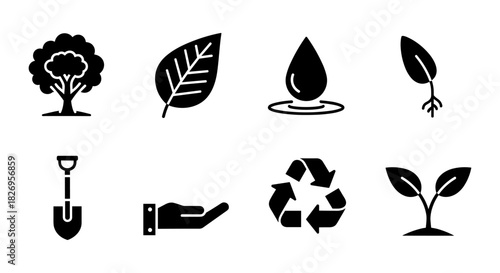 Eco-friendly icon set featuring nature and sustainability symbols in silhouette style