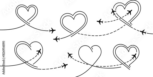Airplane flight paths forming heart shapes set, romantic travel concept, aircraft route line art vector illustration collection.
