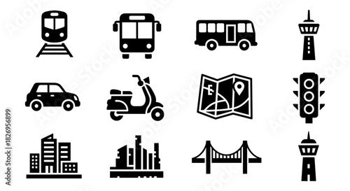 Urban transport and city icons in black silhouette style featuring vehicles and buildings