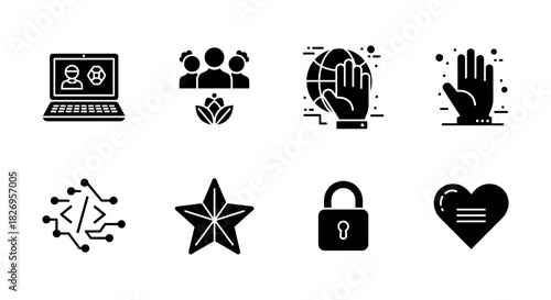 Minimalist icon set: technology, teamwork, global, communication, security, wellness