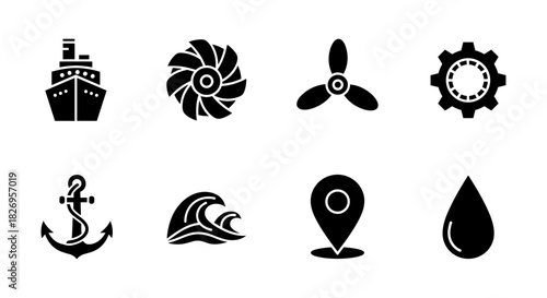 Nautical and marine icons set: ship, anchor, wave, water, gear, propeller, location pin