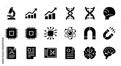 Science and technology icons: microscope, dna, brain, atom, circuit, growth chart, magnet
