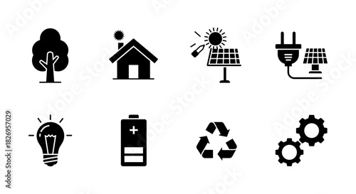 Eco energy icons: solar panels, recycling symbol, battery, light bulb, gear, minimalist design