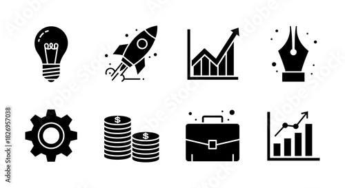 Business and innovation icon set: growth, strategy, and creativity symbols in black silhouette