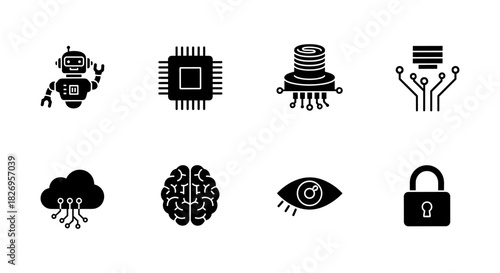 Futuristic technology icons: ai, cloud, security in black silhouette style