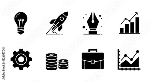 Business growth icons: innovation, finance, and success symbols in silhouette style
