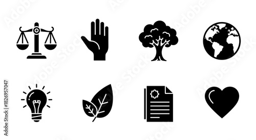 Set of diverse black icons representing environment, justice, and knowledge