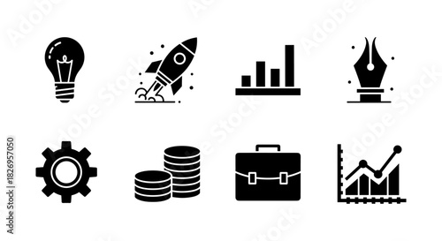 Creative business icons: innovation, growth, and success in modern silhouette design