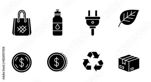 Eco-friendly icons: shopping, recycling, energy, nature, and finance