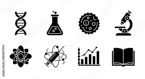 Science icons: dna, laboratory, molecule, microscope, atom, vaccine, graph, book